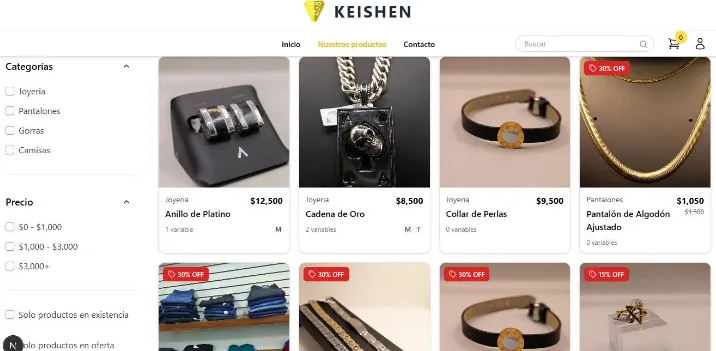 Vista de inicio de la tienda Keishen, con el catálogo de productos