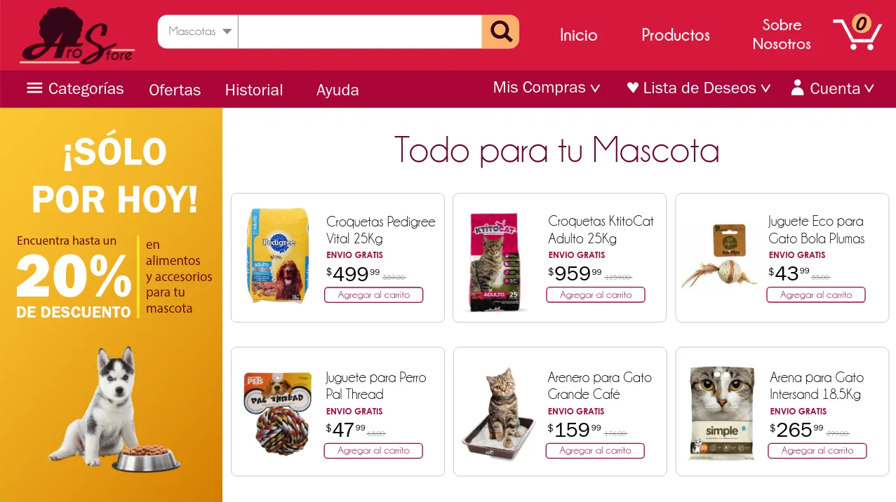 Página de inicio de la tienda ficticia, proyecto de la clase de Diseño Gráfico
